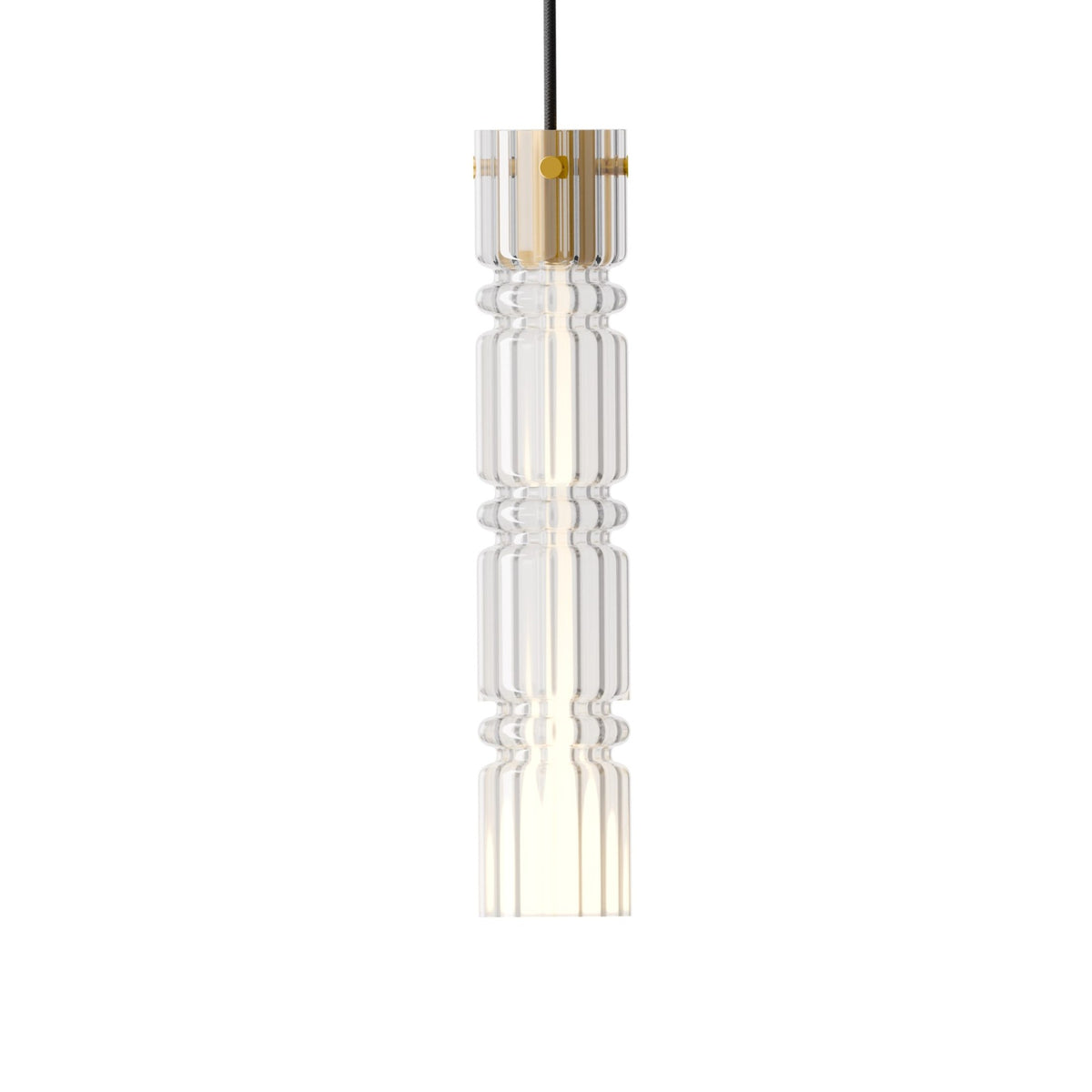 Leverint Queensway Large Pendant in ribbed glass with bold vertical ribs, raised rings and a brass toned collar, studio shot on white