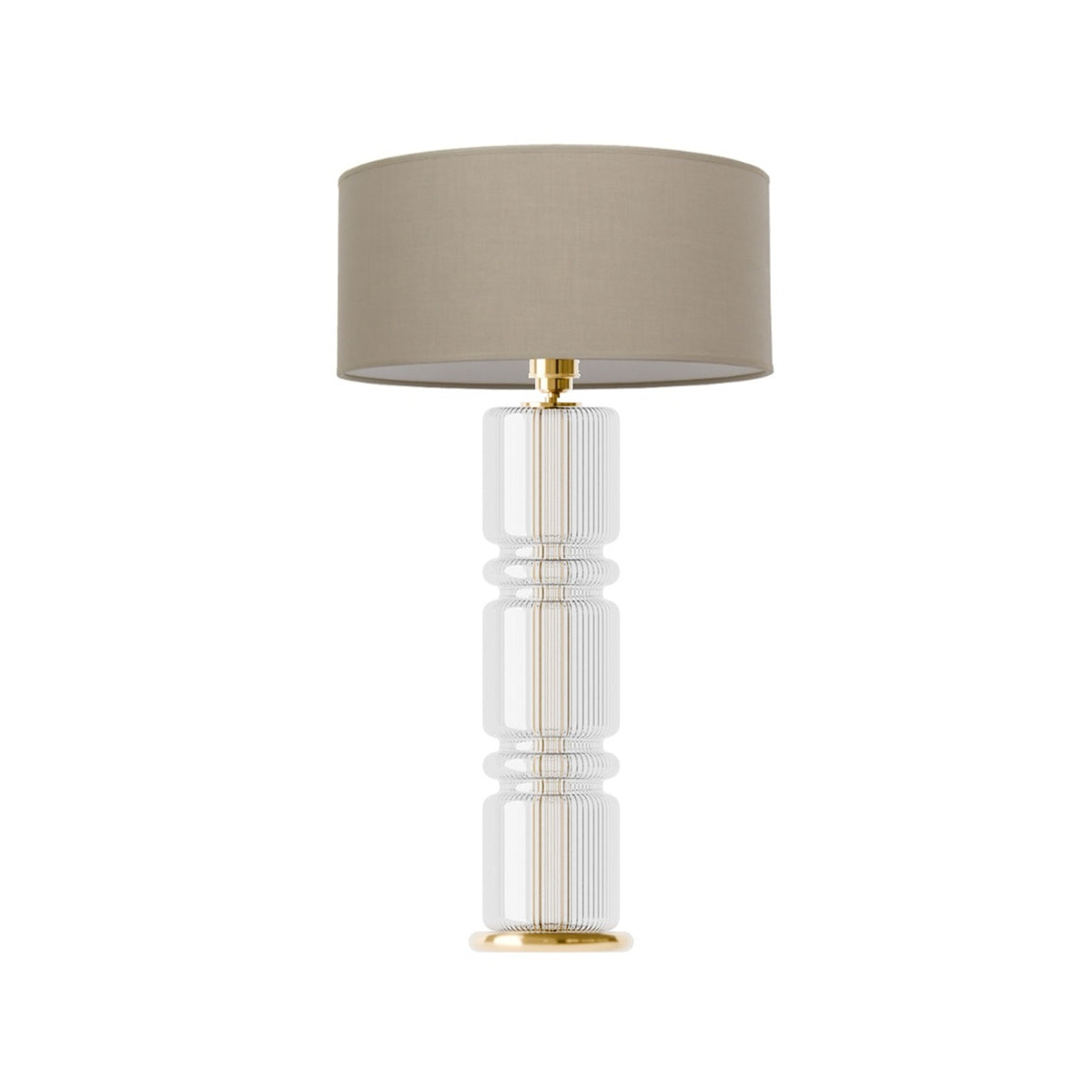 Leverint Queensway Table Lamp in fine ribbed glass on a polished brass base, second studio shot with the glass sections looking denser and the brass stem less visible, taupe drum shade not included