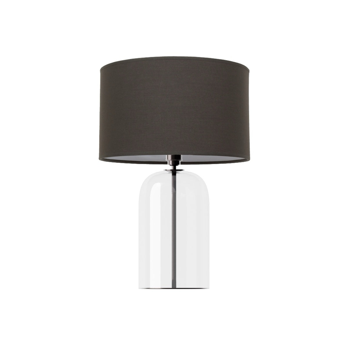 Leverint Richmond Table Lamp in clear glass with a slim dark metal stem visible through the body, studio shot on white with a dark drum shade (not included)