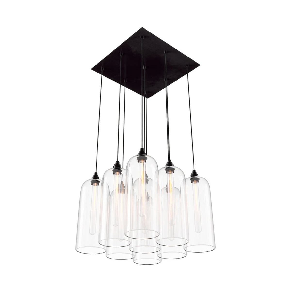 Leverint Richmond Flush Cluster 9 Way, studio shot on white of nine tall clear glass bell shaped pendants hanging at staggered heights from a square black ceiling plate on black flex