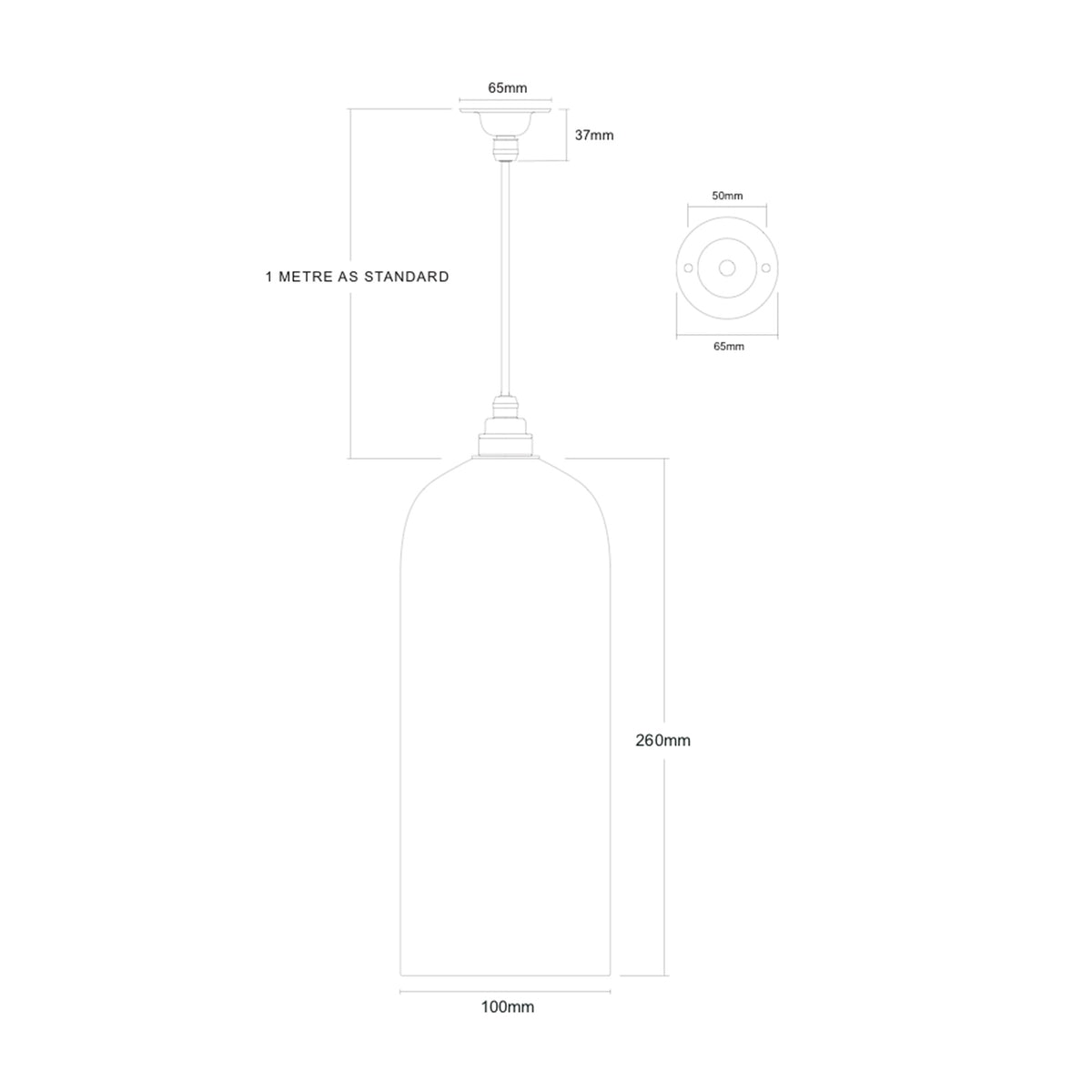 Dimension drawing of the Leverint Richmond Small Pendant showing a 100mm wide, 260mm high shade, 1 metre standard drop and ceiling rose sizes