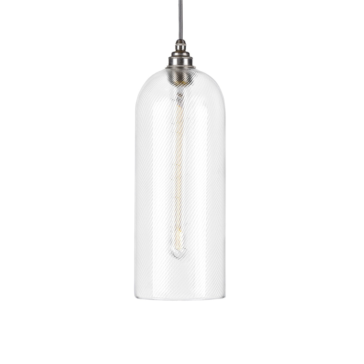 Leverint Richmond bell jar pendant in clear glass with fine diagonal ribbing, nickel toned fitting and grey cable, studio shot on white
