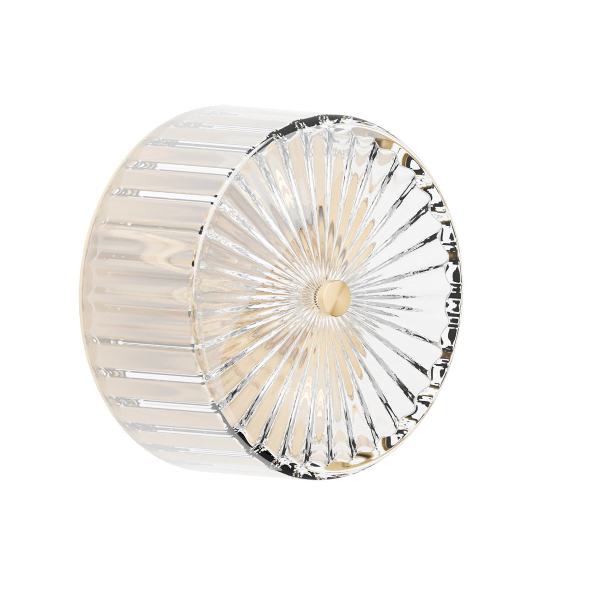 Leverint Temple Flush Mount, studio shot on white of a round ribbed glass drum with ribs radiating from a small brass fixing at the centre of the front