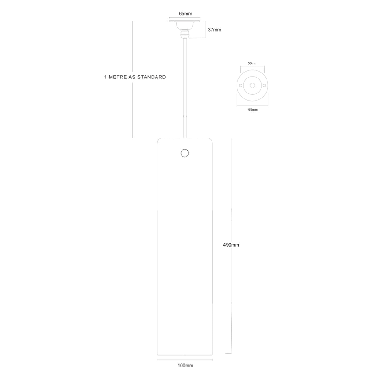 Leverint Temple Large Pendant technical drawing showing 100mm shade diameter, 490mm height, 65mm ceiling rose and 1 metre standard drop