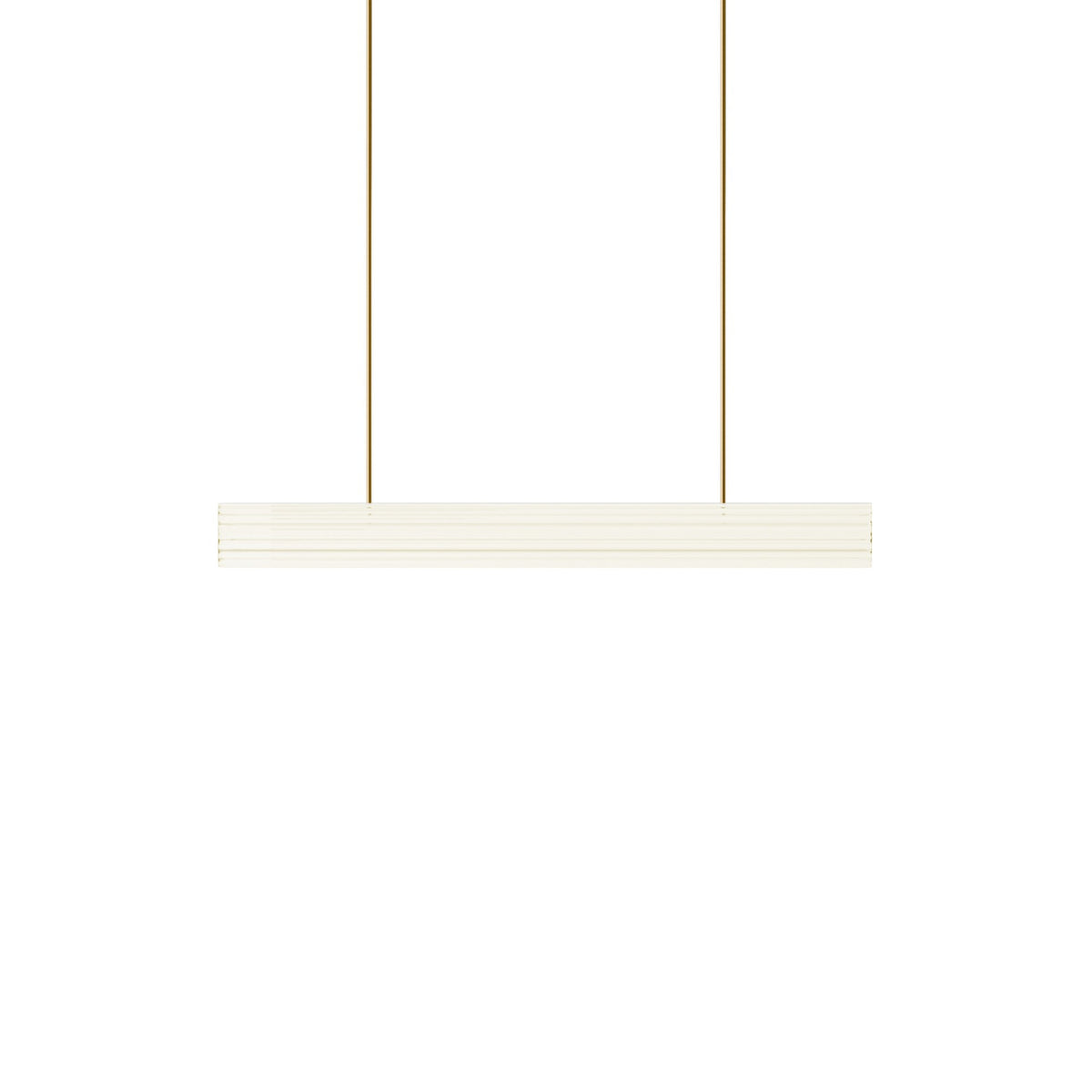 Leverint Temple Medium Rod Pendant in ribbed glass, a long horizontal glass bar hung from two slim brass coloured rods, studio shot on white