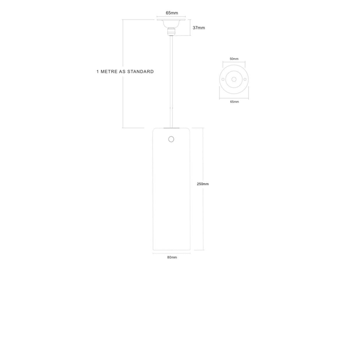 Leverint Temple Small Pendant technical drawing showing 80mm shade diameter, 250mm height, 65mm ceiling rose and 1 metre standard drop