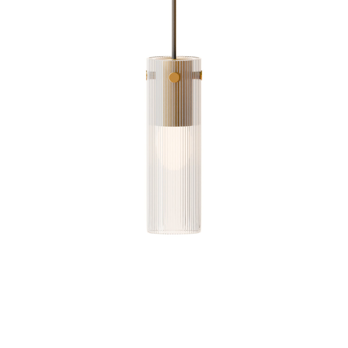 Leverint Temple Small Pendant in fine ribbed glass with a brass toned collar, studio shot on white with a soft warm glow inside the shade below the collar