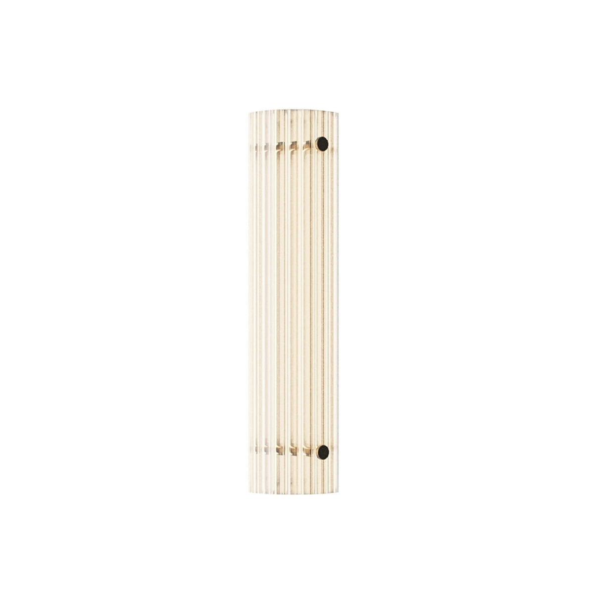 Leverint Temple Pillar Light, studio shot on white of a slim column of vertically ribbed glass with two dark round fixing caps