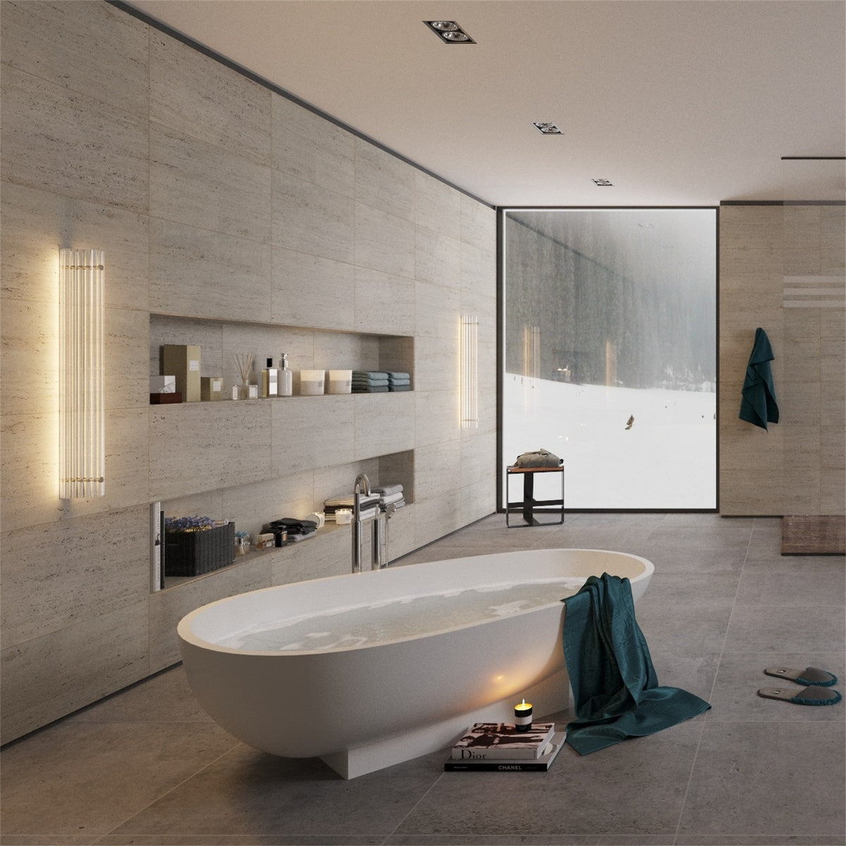 Computer rendered bathroom with a freestanding bath and two lit Leverint Temple Pillar Lights on a stone tiled wall