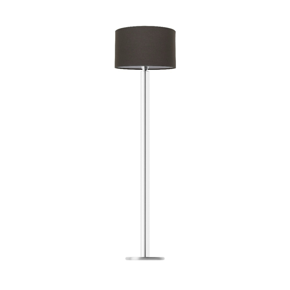 Leverint Temple Tall Floor Lamp in clear glass, a slim glass column on a round metal base, studio shot on white with a dark drum shade shown (not included)