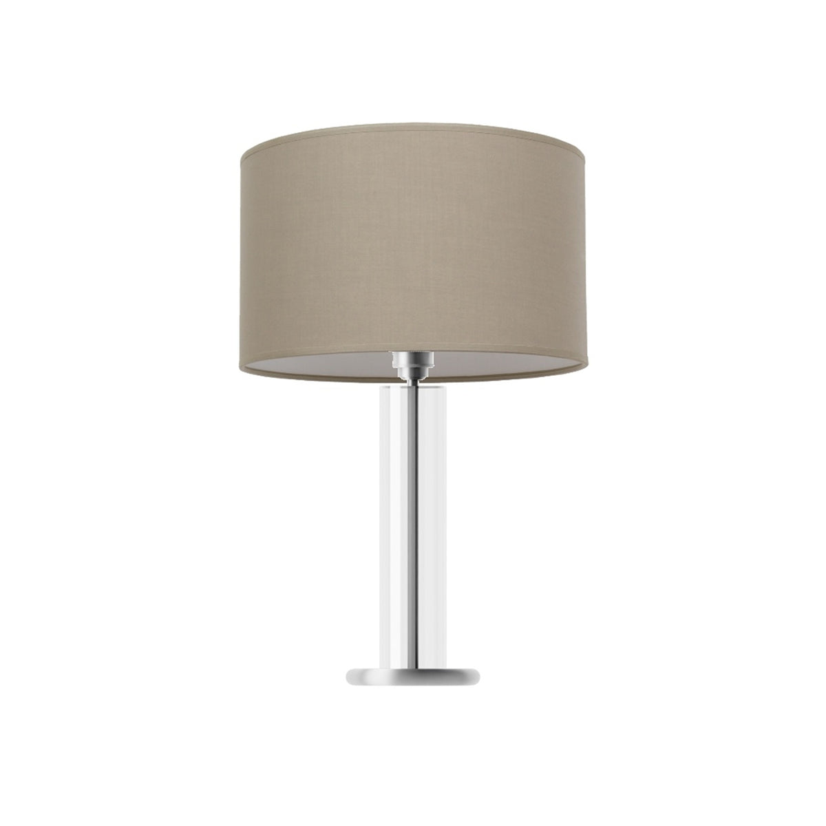 Leverint Temple Tall Table Lamp in clear glass, a slim glass column on a wide polished metal disc, studio shot on white with a taupe drum shade (shade not included)