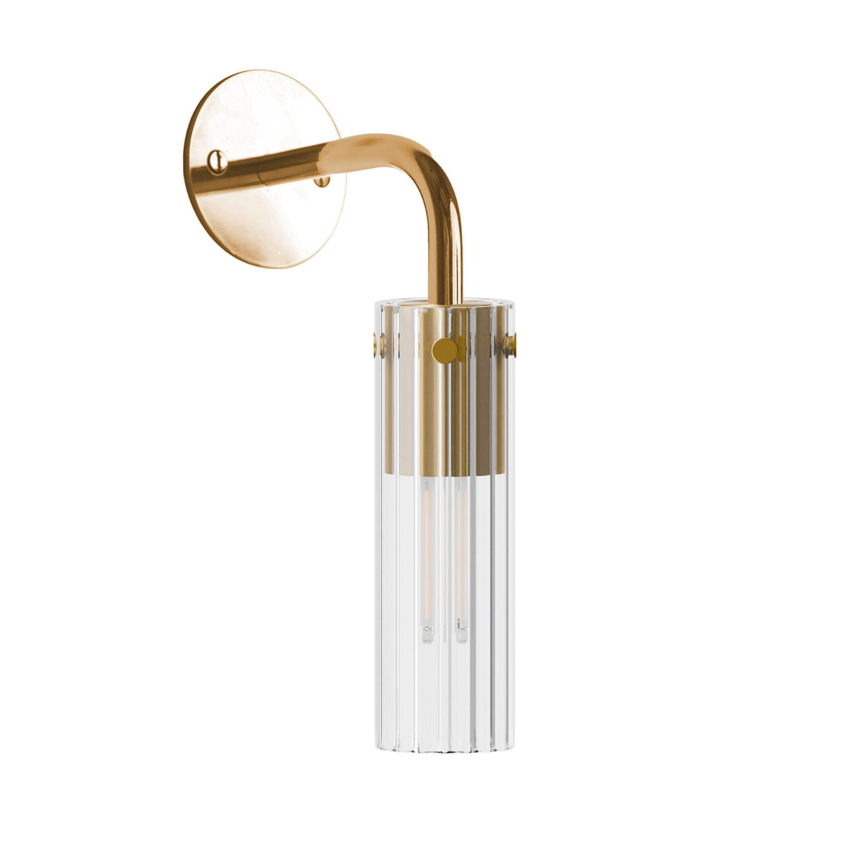 Leverint Temple Wall Light with a ribbed glass cylinder and brass collar on a curved polished brass arm, studio image on white