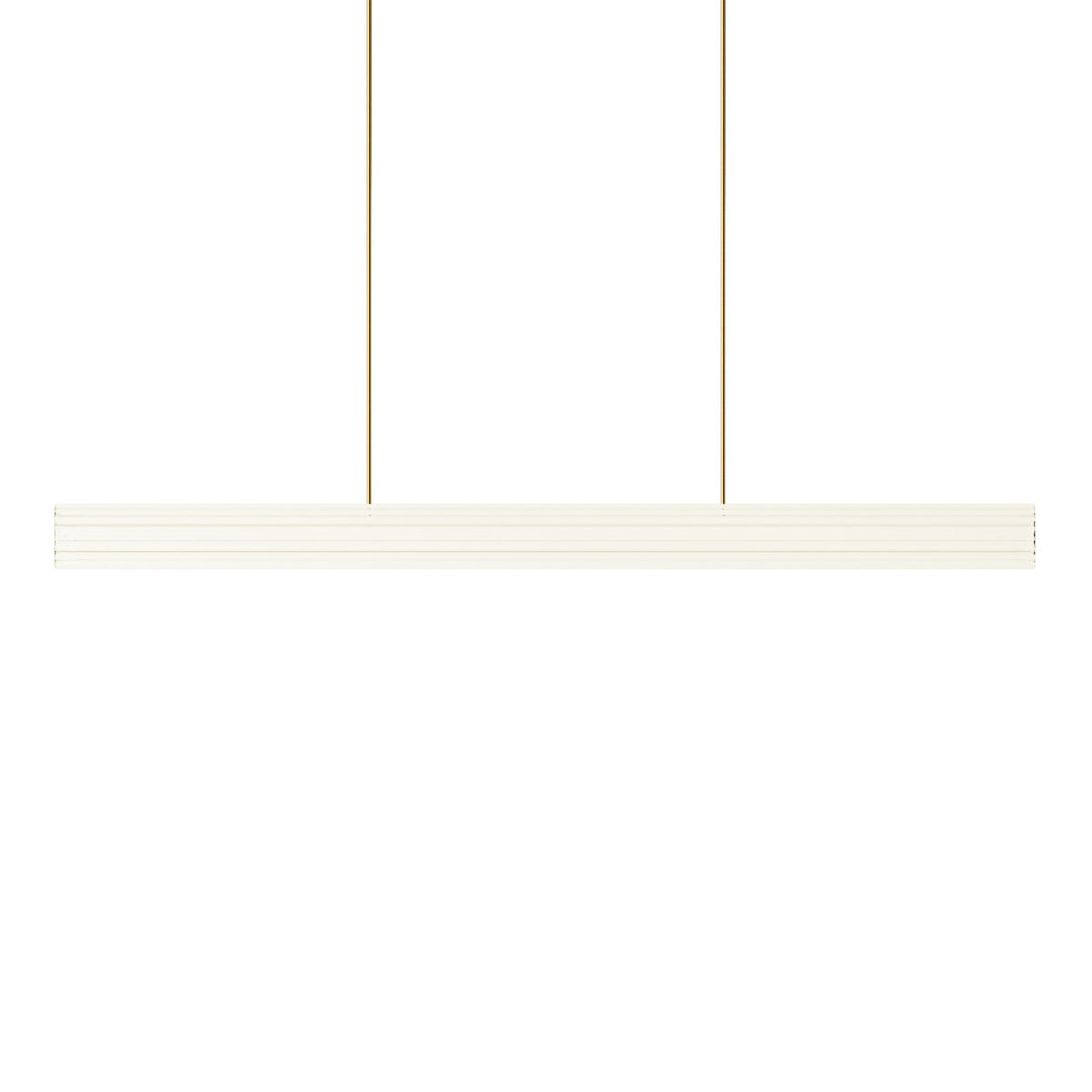 Leverint Temple XL Rod Pendant in ribbed glass, a long horizontal glass bar hung from two slim brass coloured rods, studio shot on white