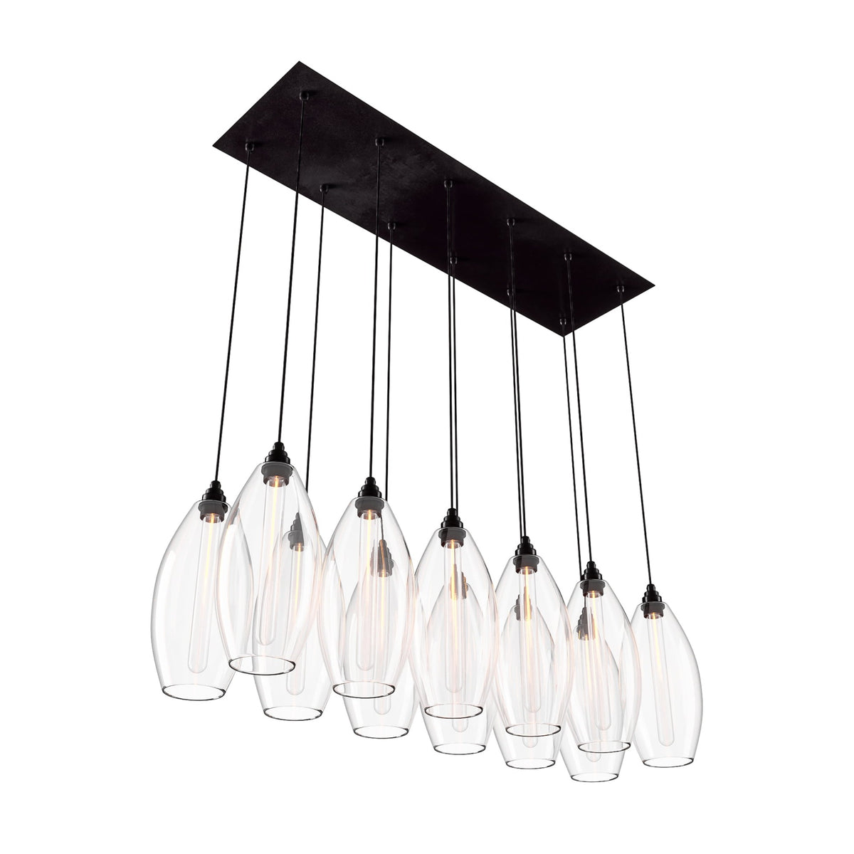 Leverint Victoria Linear Flush Cluster 12 Way, twelve clear teardrop glass shades with tube filament bulbs hanging on black flex from a long rectangular black ceiling plate, studio shot on white