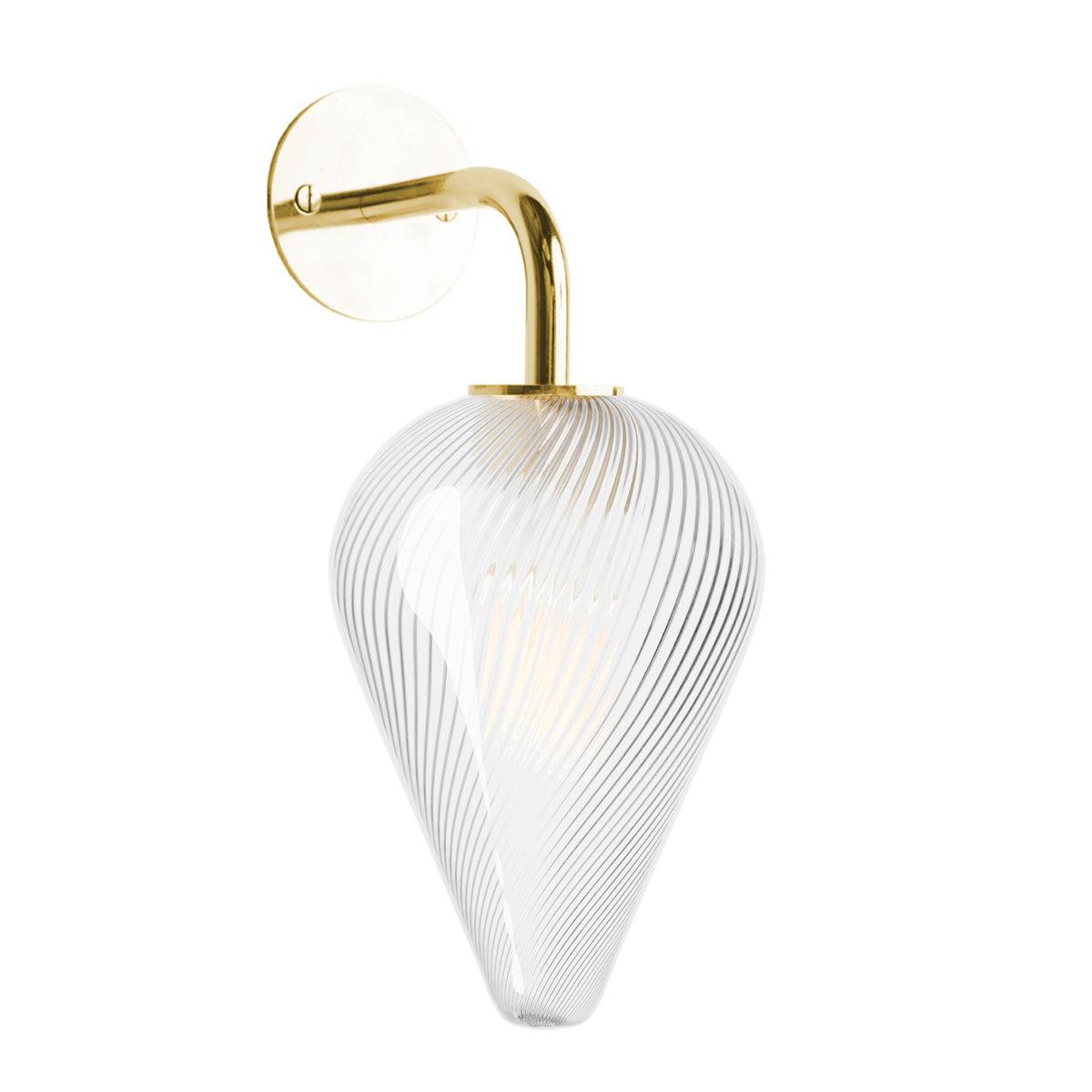 Leverint Waterloo Sealed Wall Light in fine ribbed twist glass with fine spiral ribs on a curved polished brass arm, studio image on white