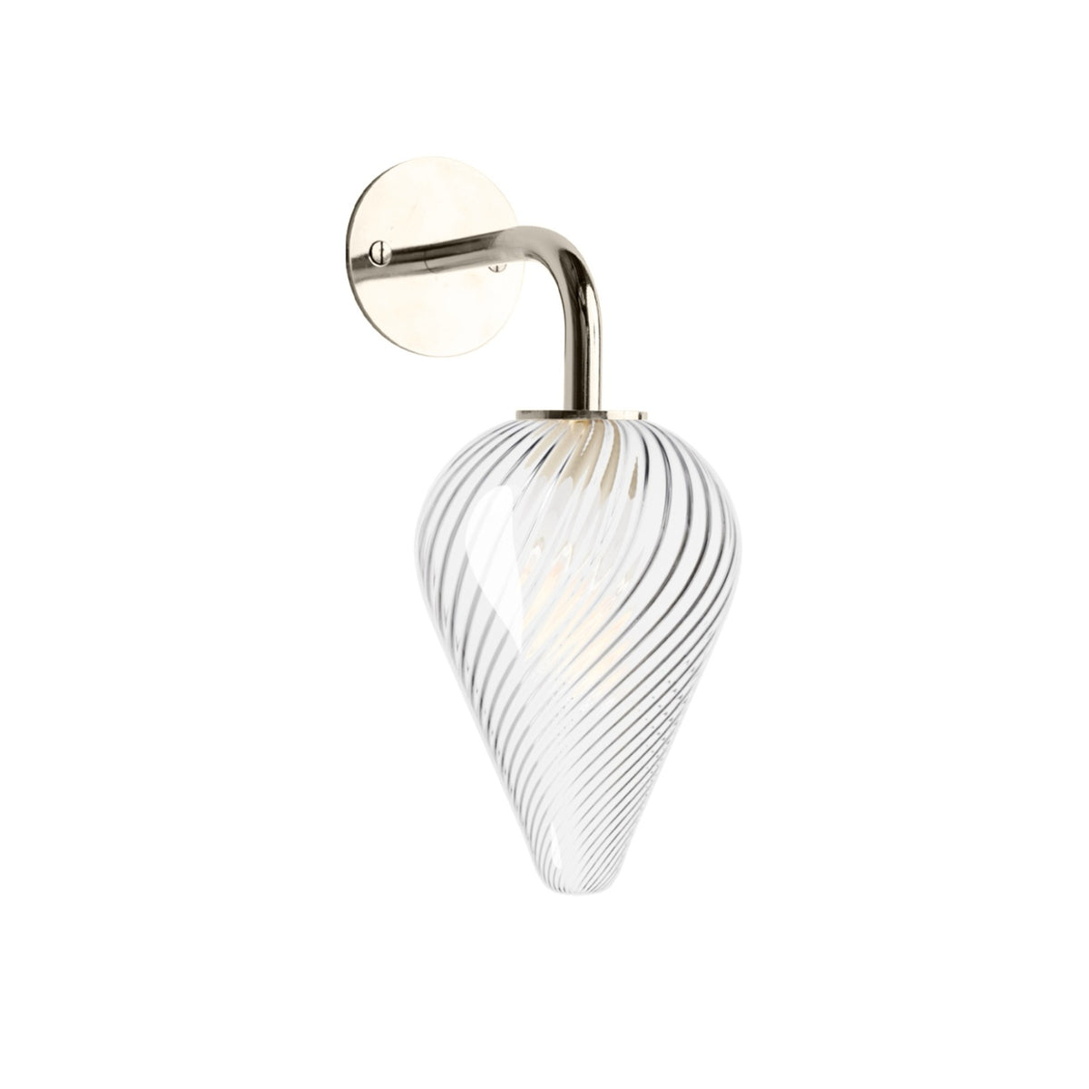 Leverint Waterloo Sealed Wall Light with a twisted ribbed teardrop glass shade on a curved polished nickel arm, studio image on white