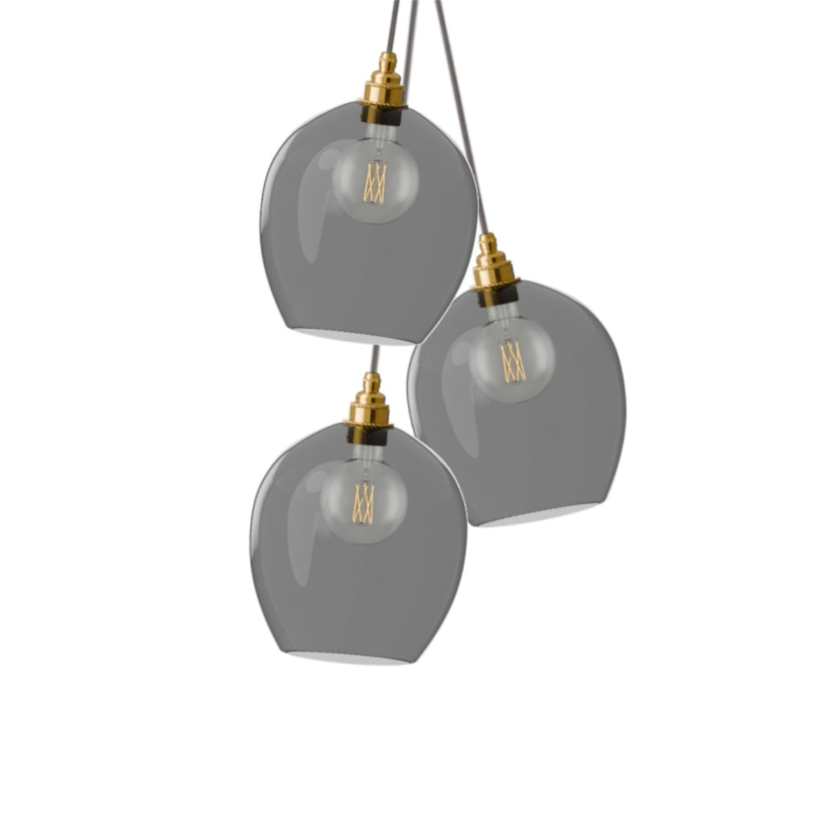 Leverint Wimbledon Vertical Cluster 3 Way, three rounded smoked grey glass pendants with brass toned lamp holders and globe filament bulbs, studio shot on white