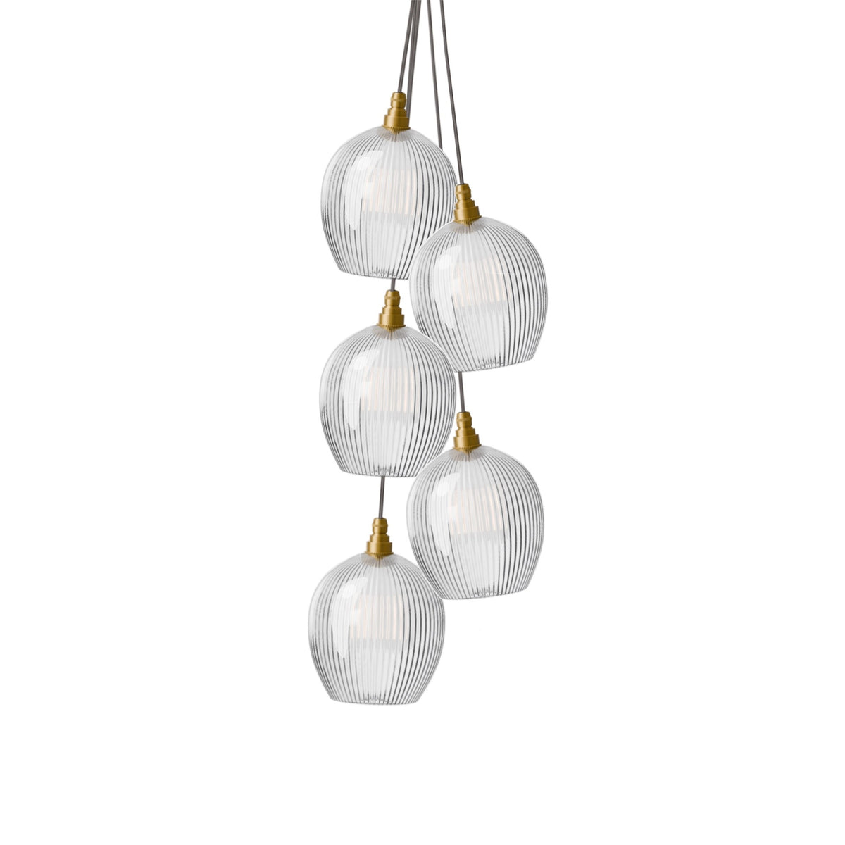 Leverint Wimbledon Vertical Cluster 5 Way, five rounded clear fine ribbed glass pendants with brass toned fittings in a staggered cluster, studio shot on white