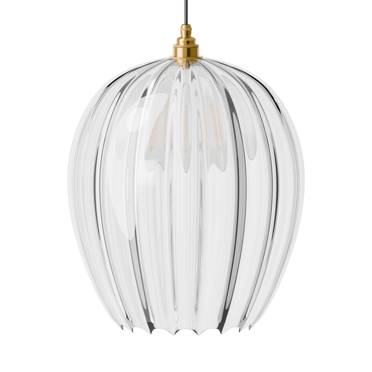 Leverint Wimbledon XL Pendant in ribbed glass with broad vertical ribs and a scalloped lower edge, brass toned lampholder, studio shot on white