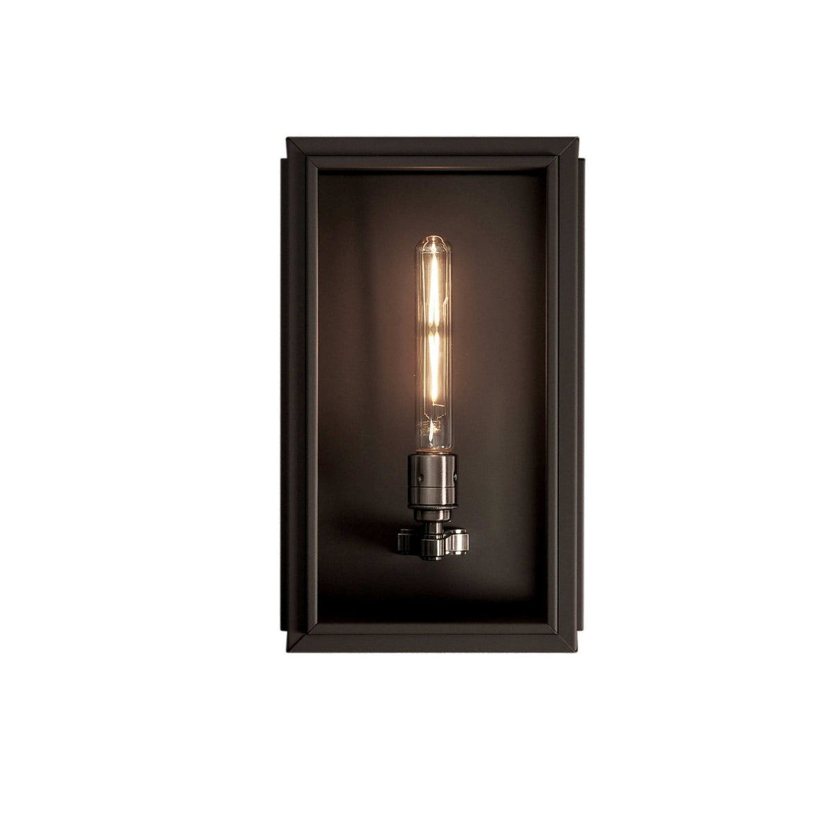 Leverint Windsor Large Wall Lantern in antique black, studio shot on white of the wide glass fronted box lantern with a lit tube filament bulb