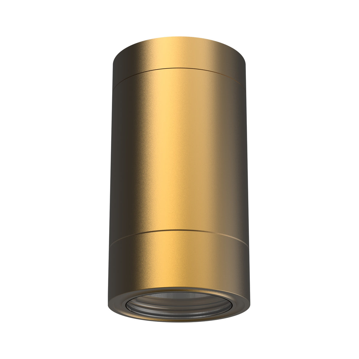 LuxR Modux 2 ceiling mount light in solid brass, a slim cylinder with a clear lens ring at the bottom