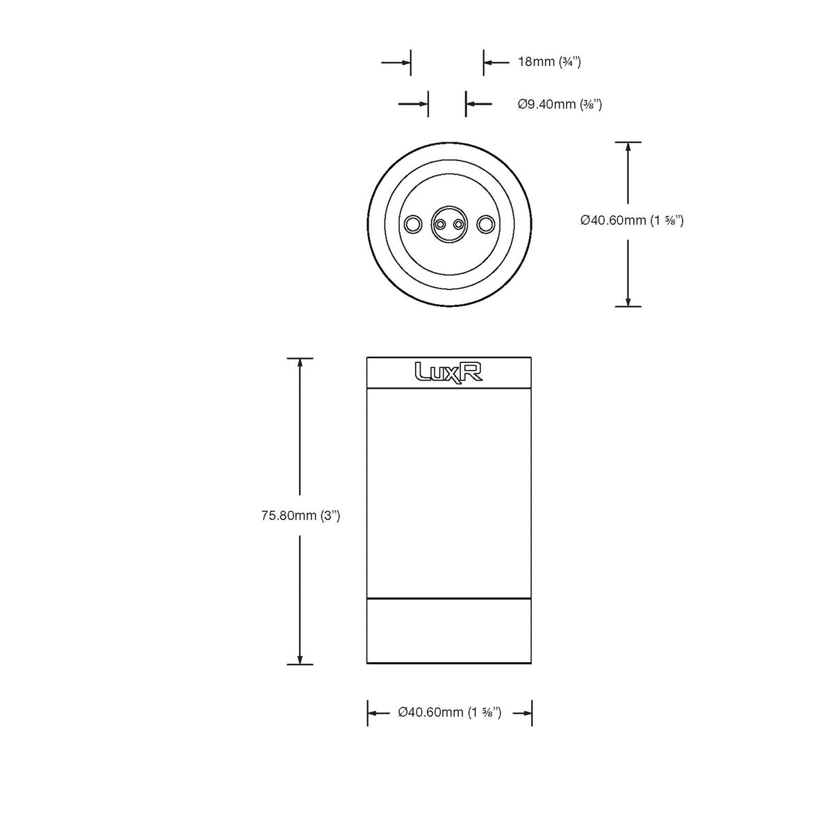 Dimension drawing of the LuxR Modux 2 ceiling mount light, plan and side views, 75.80mm high and 40.60mm in diameter