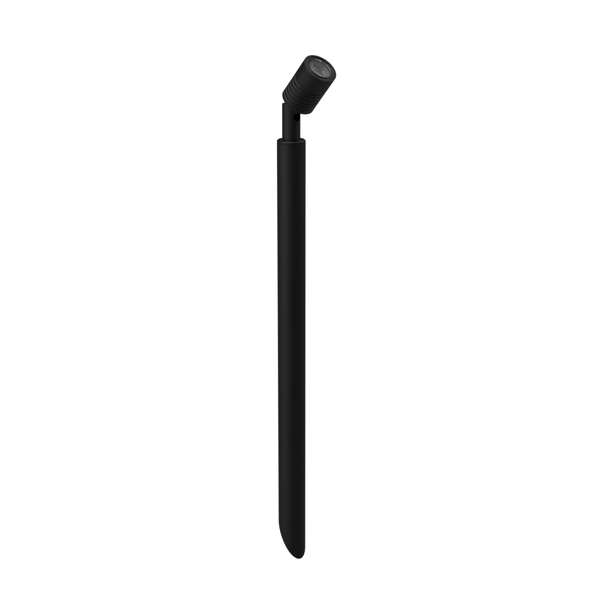 LuxR Modux 1 pole spot in matt black, a small ribbed spot head angled on a slim 400mm pole with a pointed ground spike