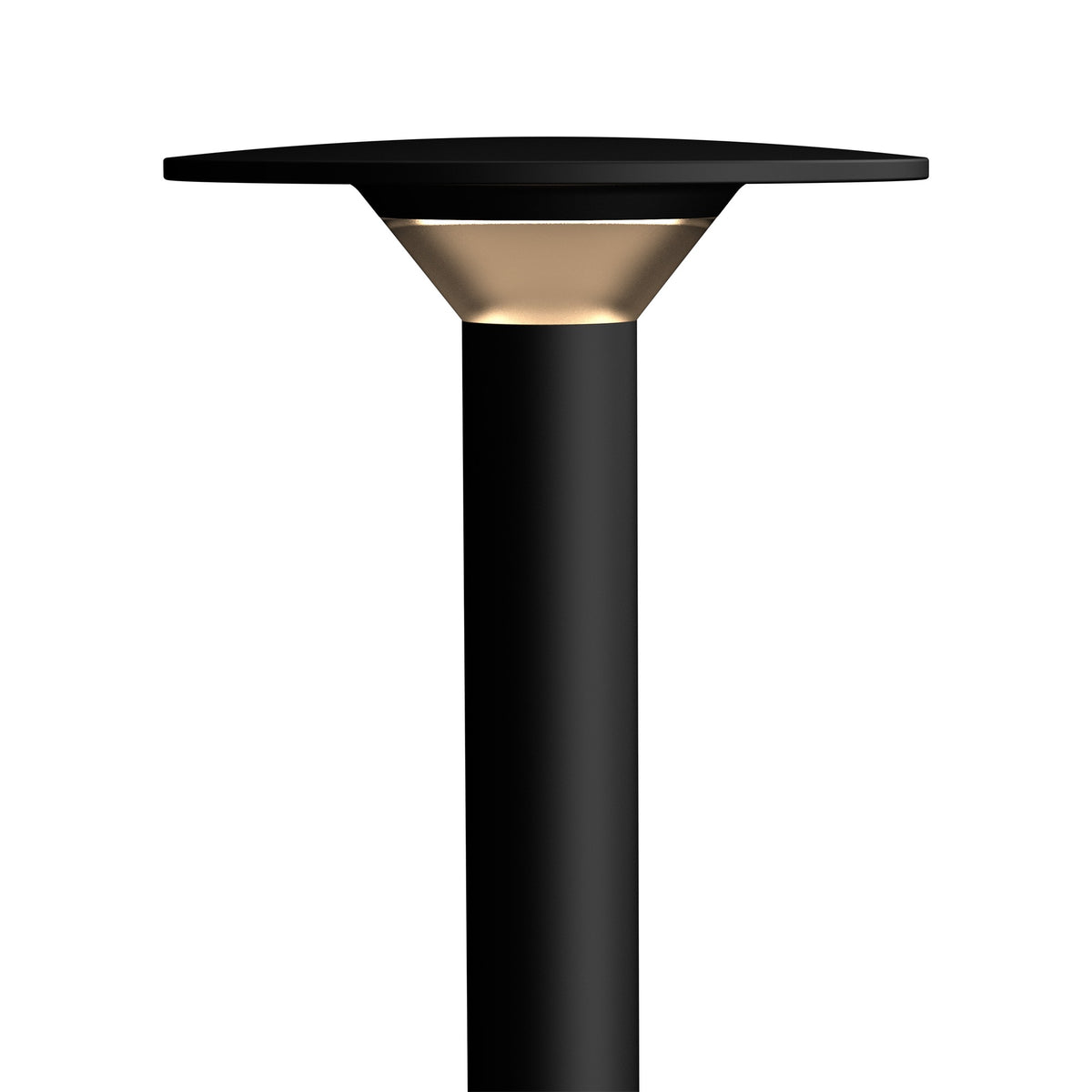 LuxR Modux 1 Extended Halo in matt black powder coat, wide flat disc canopy over a frosted diffuser on a slim pole, on a white background