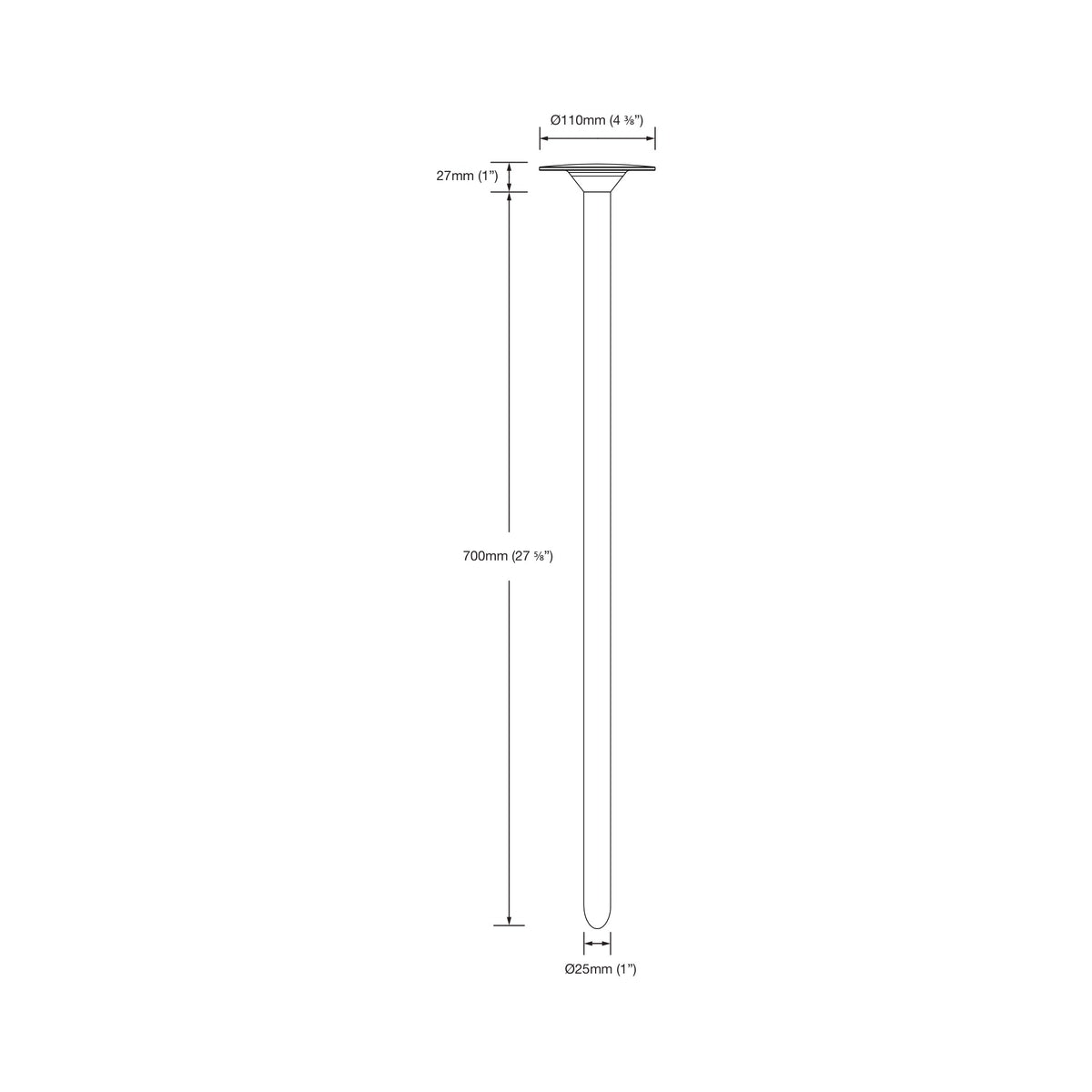 Dimension drawing of the LuxR Modux 1 Extended Halo: head 110mm diameter and 27mm high, pole 700mm long and 25mm diameter
