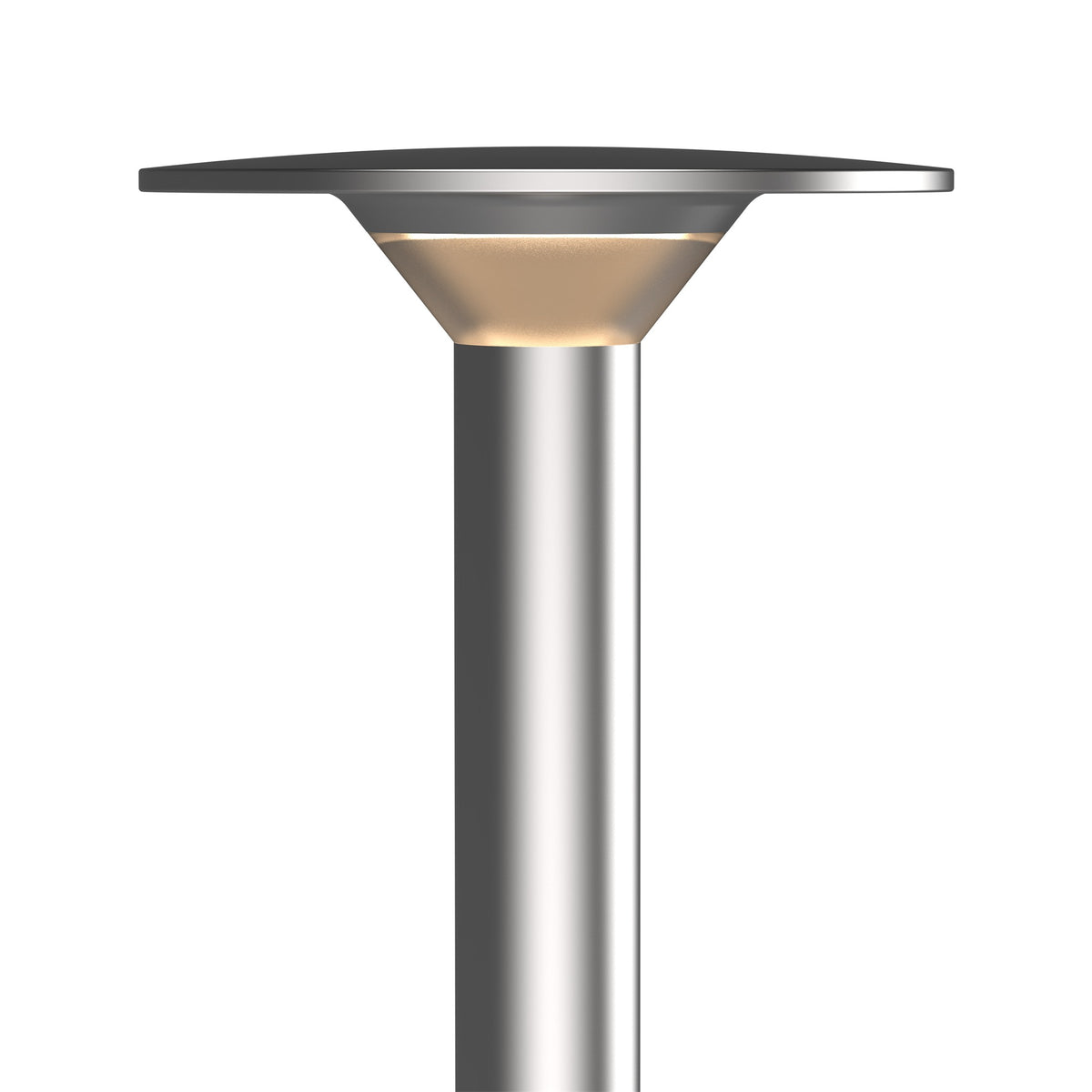 LuxR Modux 1 Extended Halo in stainless steel, wide flat disc canopy over a frosted diffuser on a slim pole, on a white background