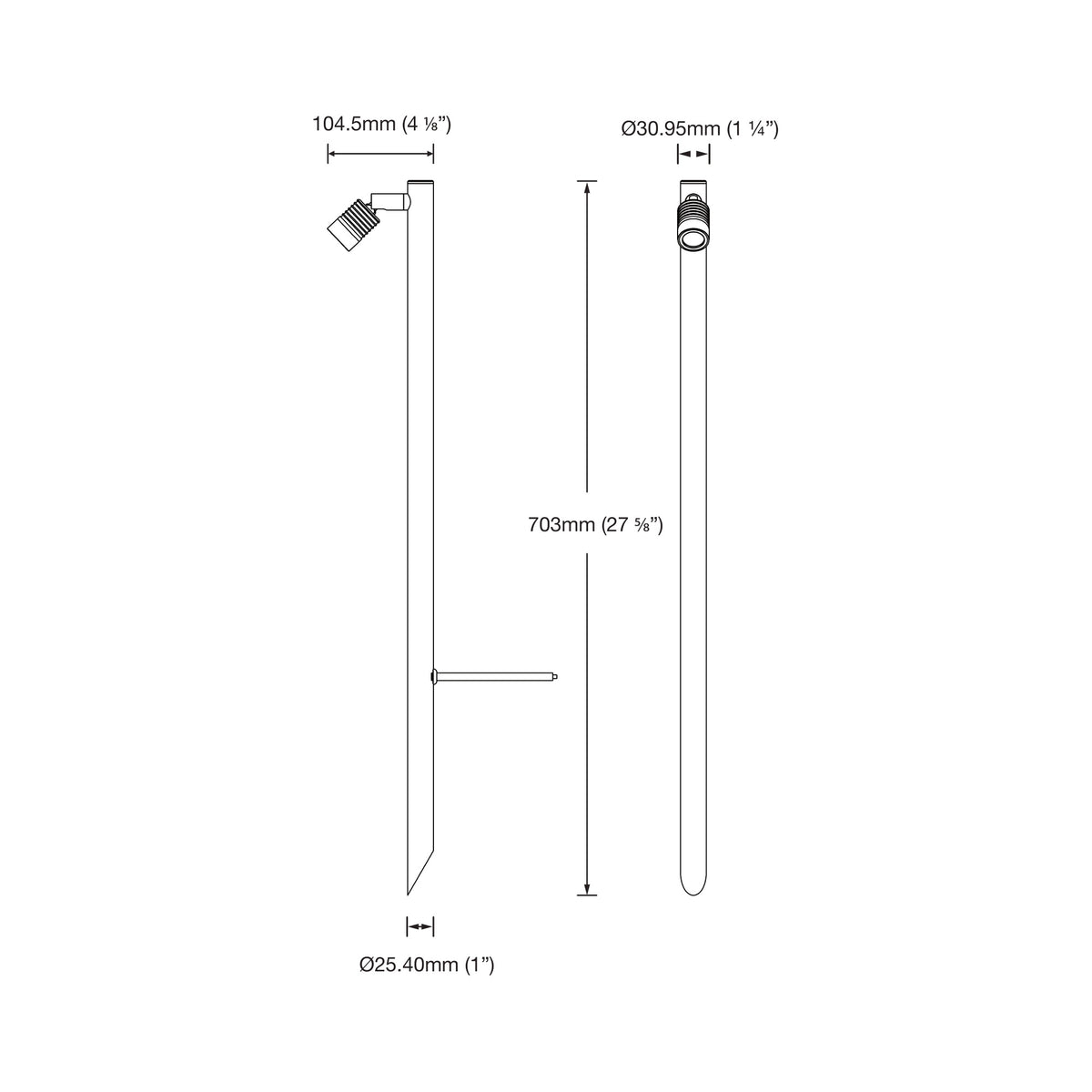 Dimension drawing of the LuxR Modux 1 single pole light, 703mm long, 25.40mm pole diameter, 30.95mm head diameter, 104.5mm across the head and pole