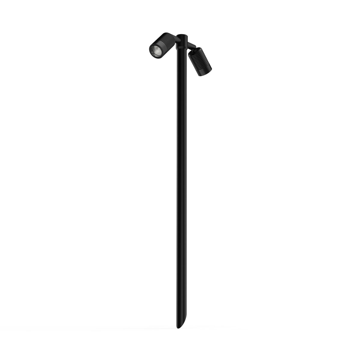 LuxR Modux 1 twin pole light in matt black, a slim pole with a pointed ground spike and two ribbed spot heads at the top