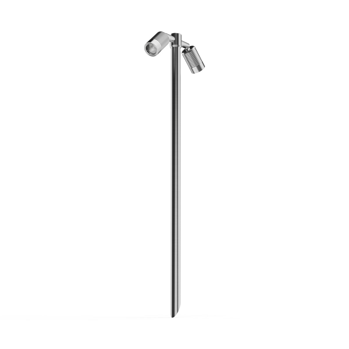 LuxR Modux 1 twin pole light in stainless steel, a slim pole with a pointed ground spike and two ribbed spot heads at the top
