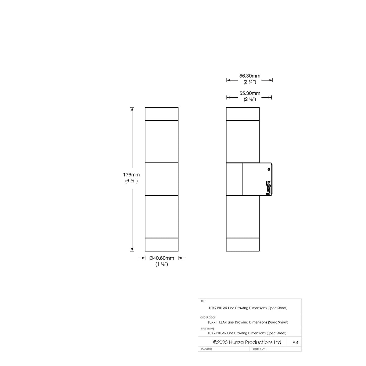 Dimension drawing of the LuxR Modux 2 pillar light, front and side views, 176mm high and 40.60mm in diameter