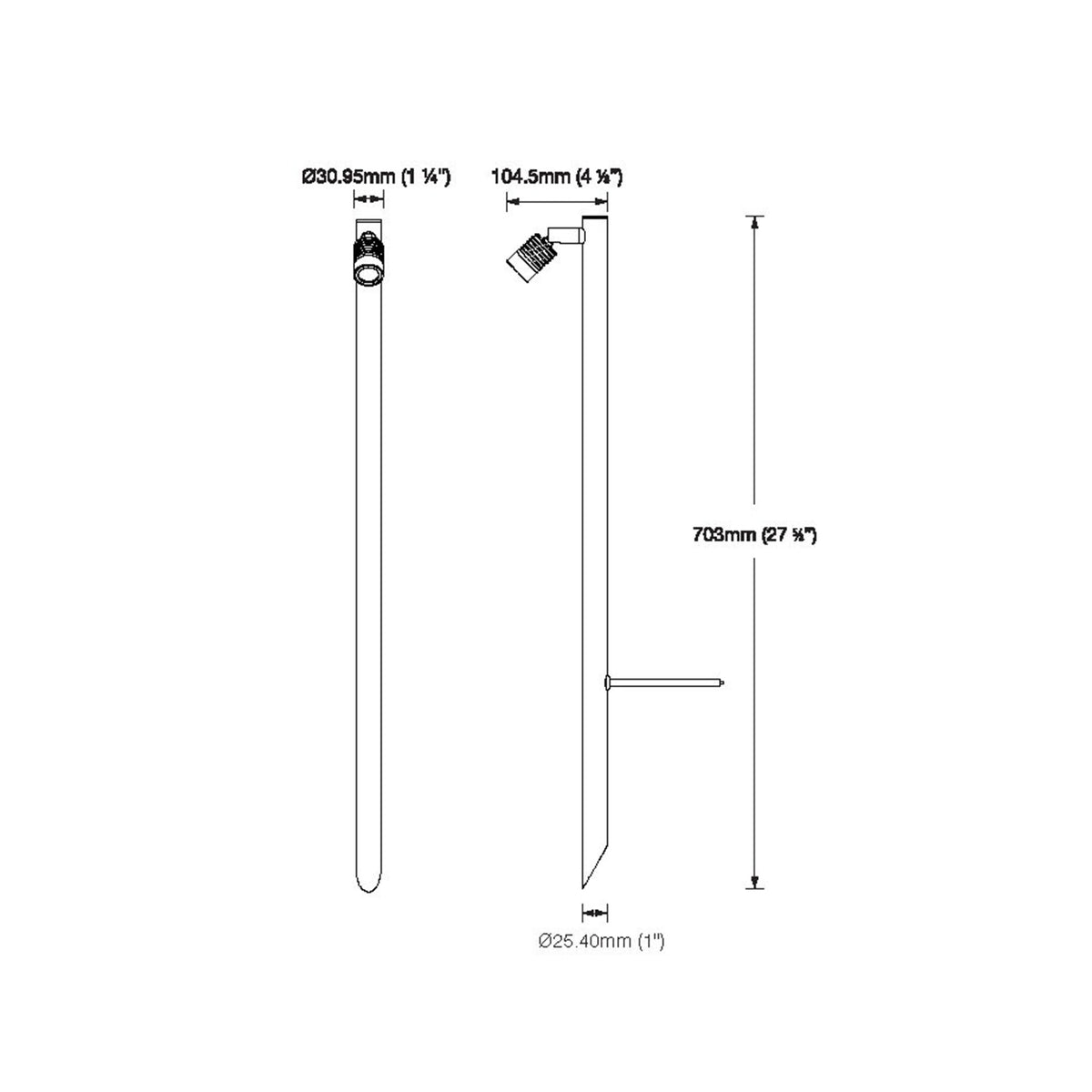 Dimension drawing of the LuxR Modux 2 single pole light, front and side views, with a 703mm pole length and a 25.40mm pole diameter