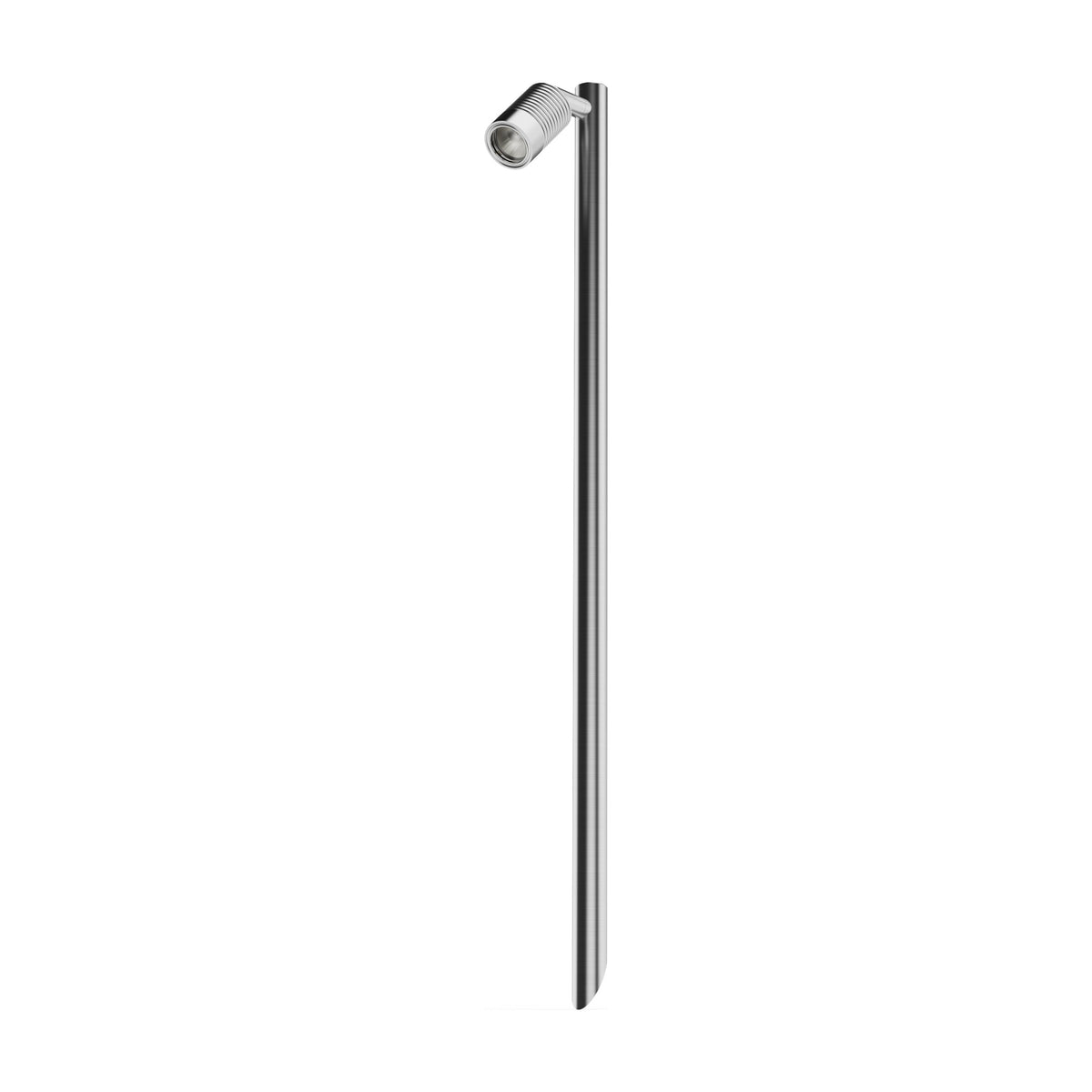LuxR Modux 2 single pole light in stainless steel, a slim pole with a ribbed adjustable head on a short side arm
