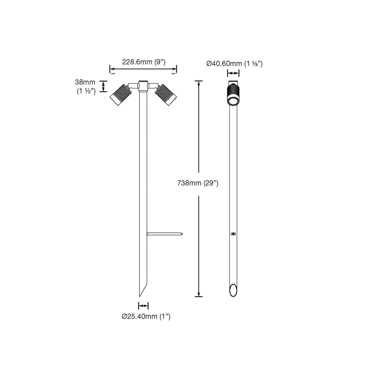 Dimension drawing of the LuxR Modux 2 twin pole light, front and side views, 738mm overall height, 228.6mm across the heads, 25.40mm pole diameter, 40.60mm head diameter