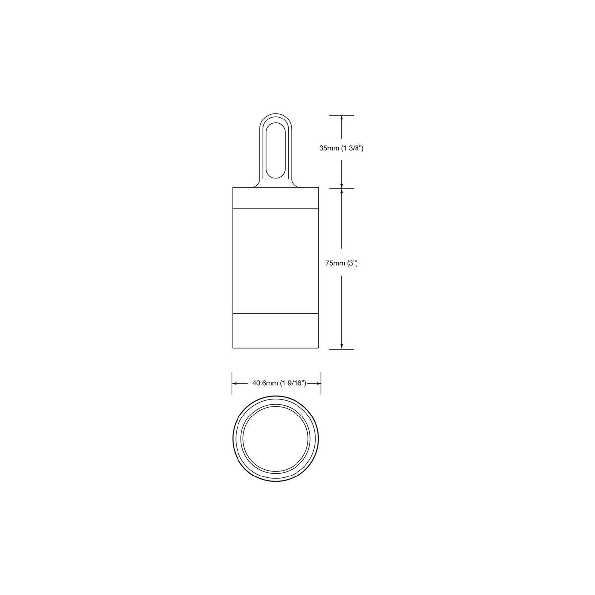 Dimension drawing of the LuxR Modux 4 hanging light, side and plan views, 35mm loop eye, 75mm body and 40.6mm diameter