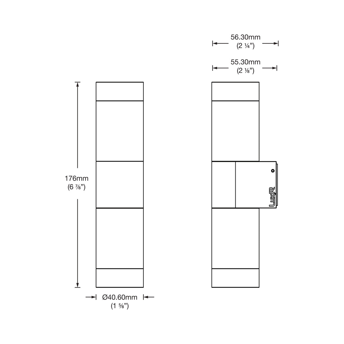 Dimension drawing of the LuxR Modux 4 pillar light, front and side views, 176mm high and 40.60mm in diameter, with side dimensions of 56.30mm and 55.30mm
