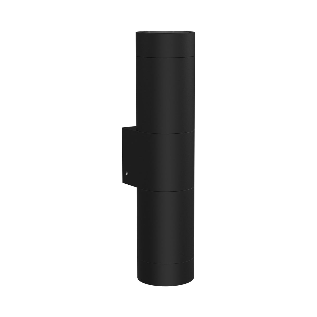 LuxR Modux 4 pillar light in matt black powder coat, a twin cylinder wall light with a wall bracket on the left