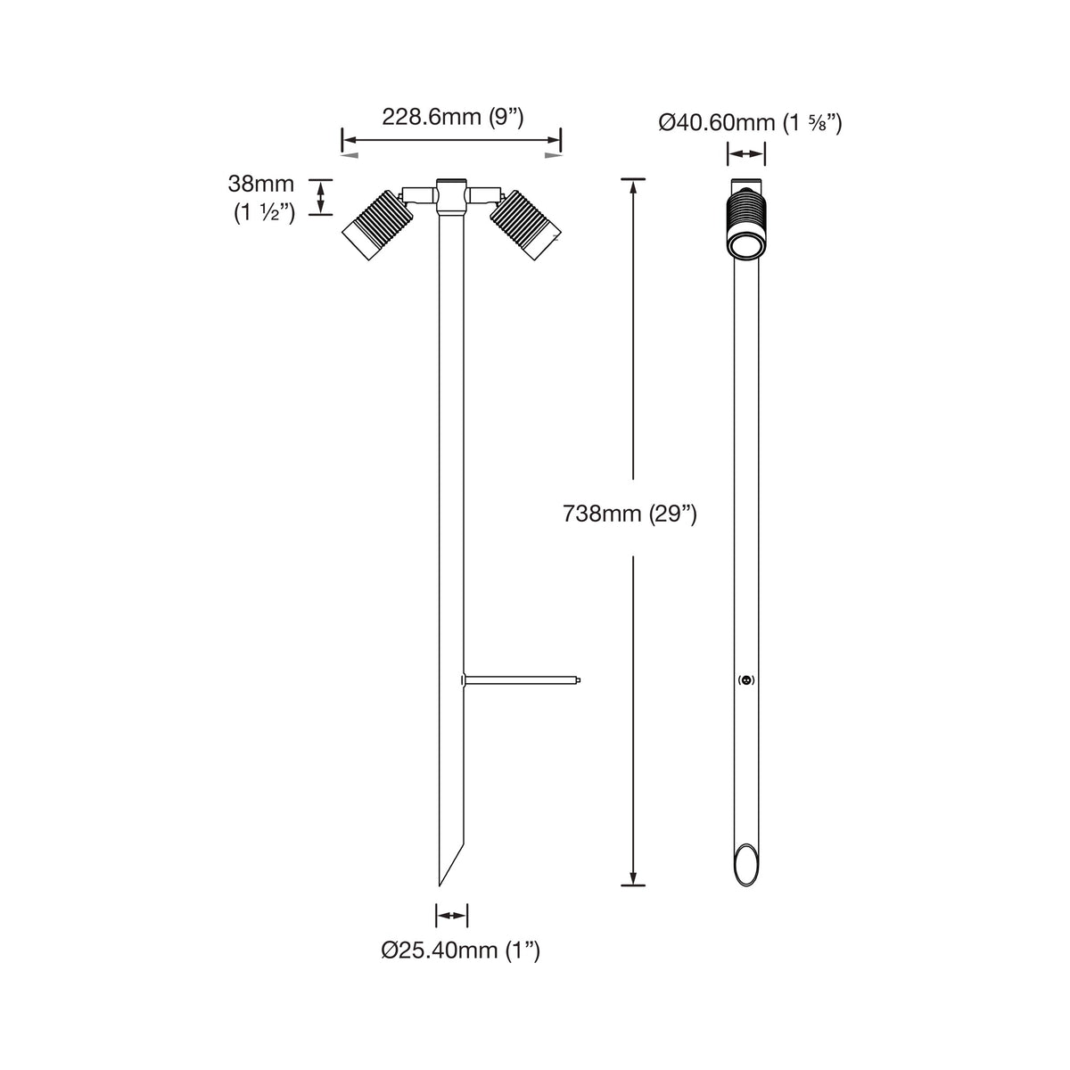 Dimension drawing of the LuxR Modux 4 twin pole light: 738mm overall height, 228.6mm across the two heads, 38mm head section, 40.60mm head diameter and 25.40mm pole diameter