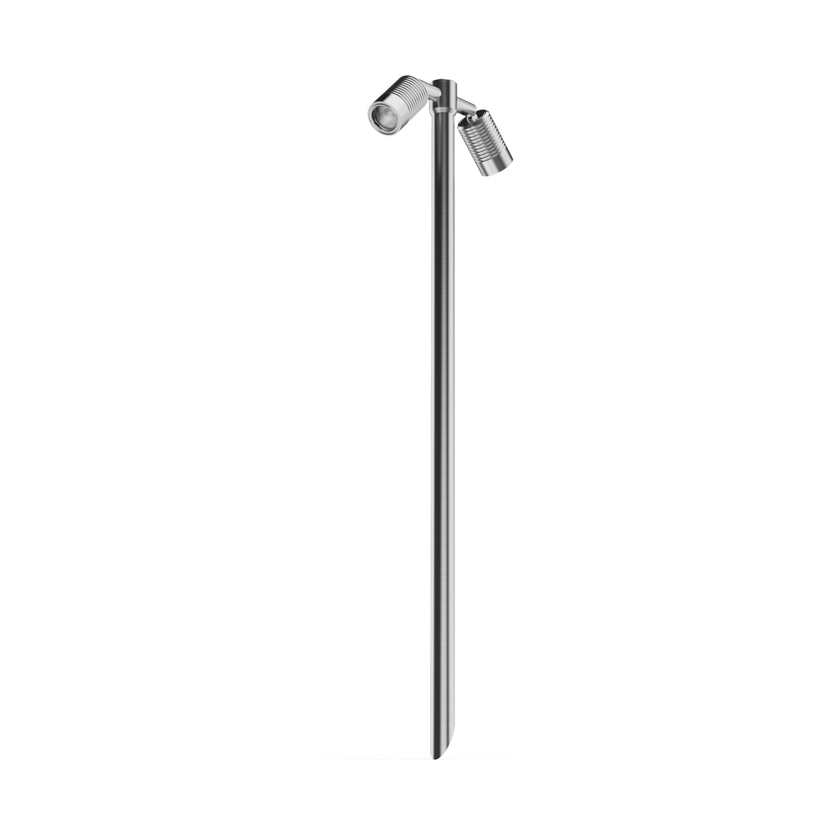 LuxR Modux 4 twin pole light in stainless steel with two ribbed adjustable heads on a slim ground spike pole