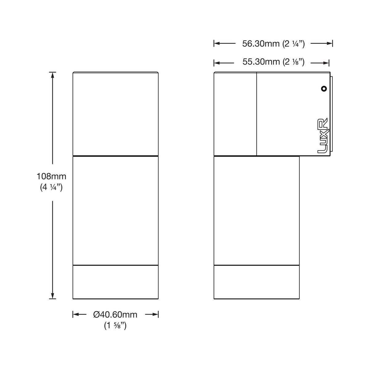 Dimension drawing of the LuxR Modux 4 wall down light, front and side views, 108mm high and 40.6mm in diameter