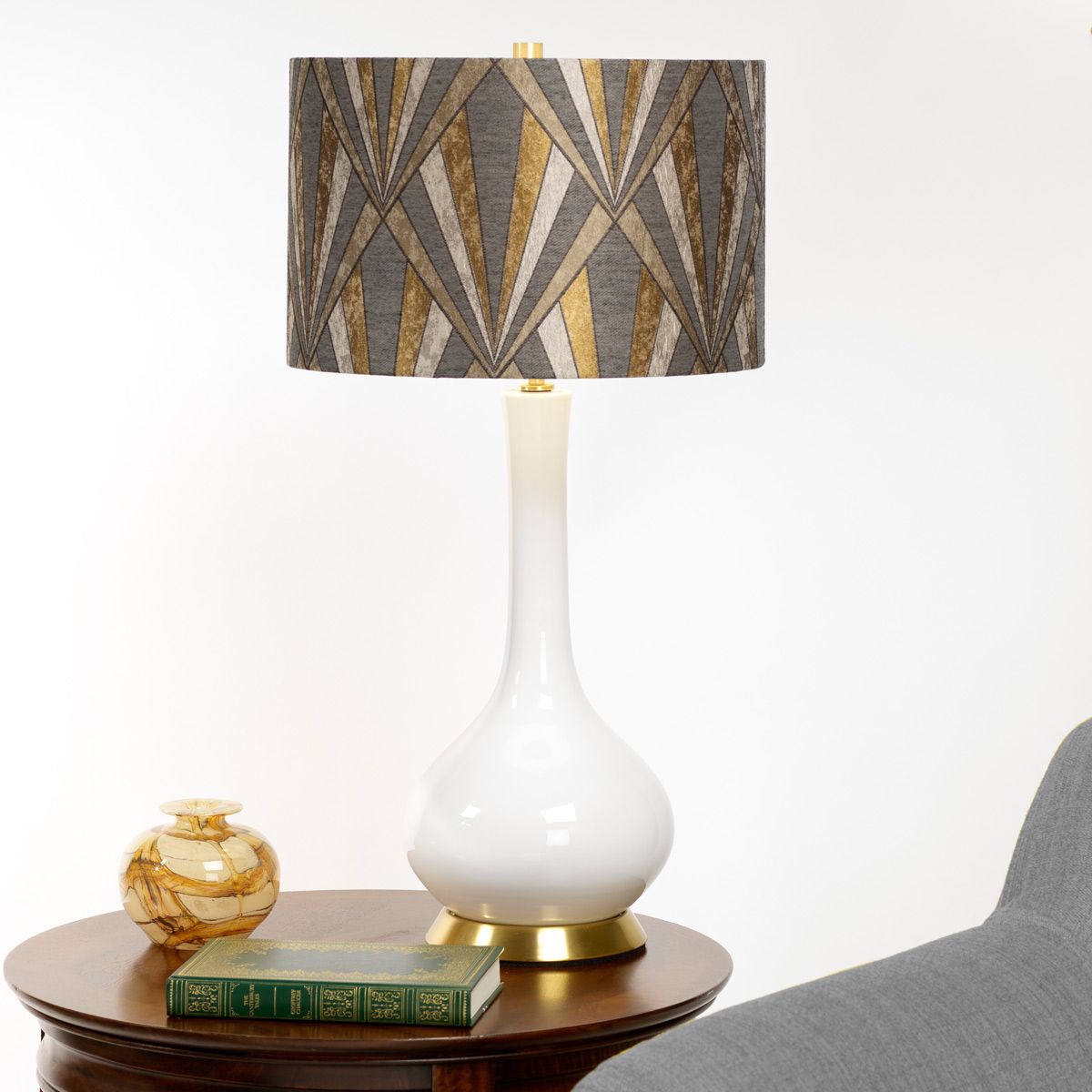 Elstead Milo 1 Light Table Lamp - White, Aged Brass & Grey