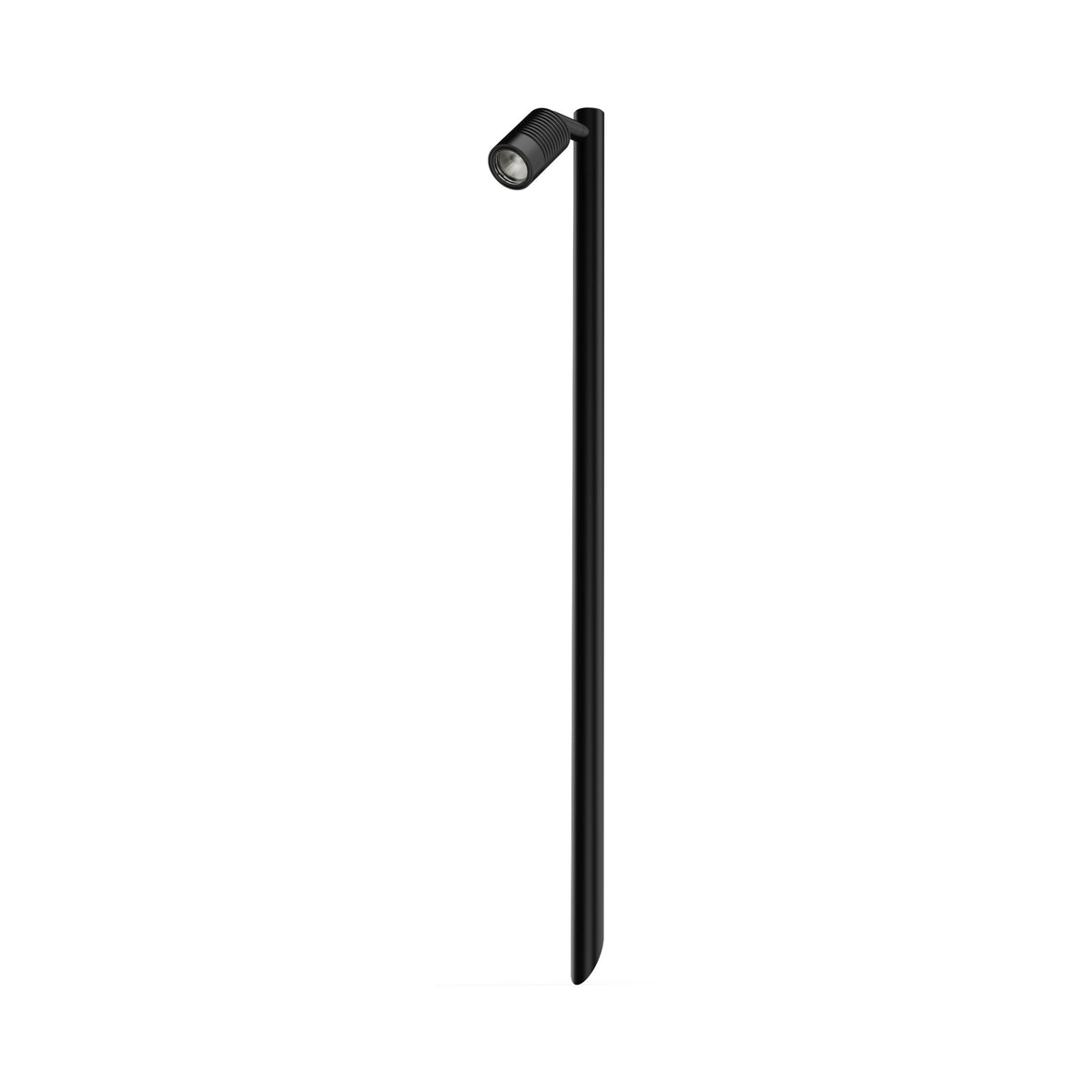 LuxR Modux 4 single pole light in black powder coat, a slim pole with one ribbed spot head on a short side arm at the top