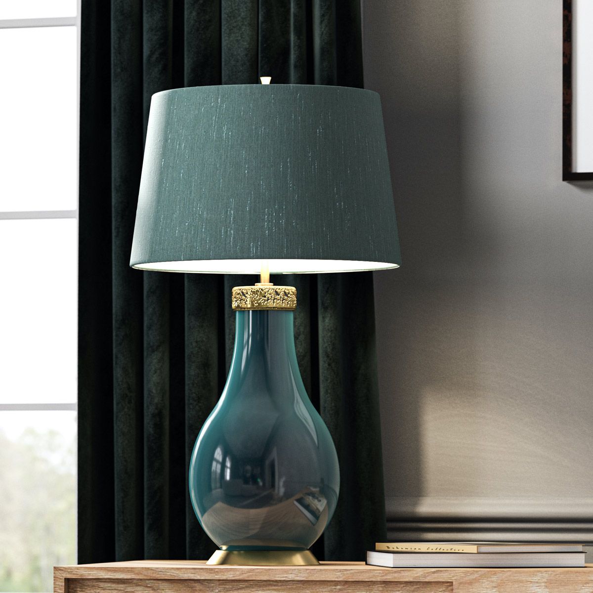 Quintiesse Havering Single Table Lamp - Azure-Turquoise with Aged Brass