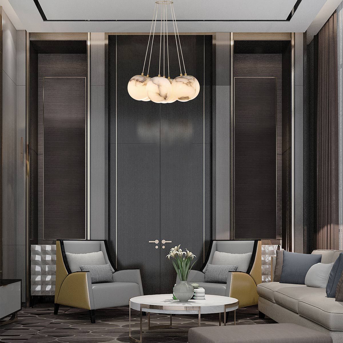 Quintiesse Kepler 7 Light Alabaster Cluster Pendant - Gold