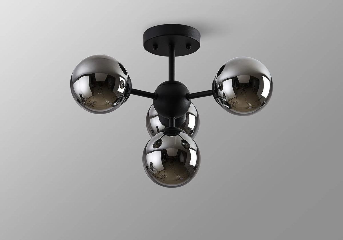 Fabula Deacon Semi-Flush Multi 4 Arm Ceiling Light - Satin Black & Chrome Plated Glass