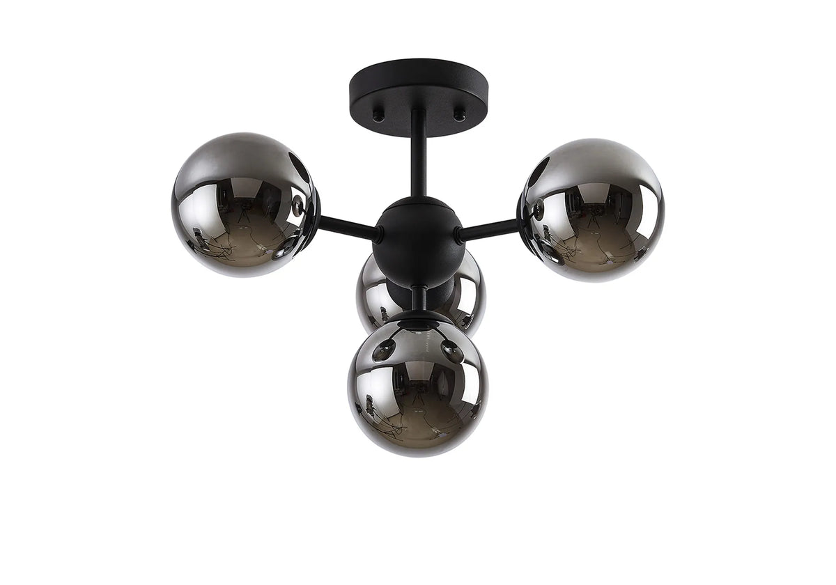 Fabula Deacon Semi-Flush Multi 4 Arm Ceiling Light - Satin Black & Chrome Plated Glass