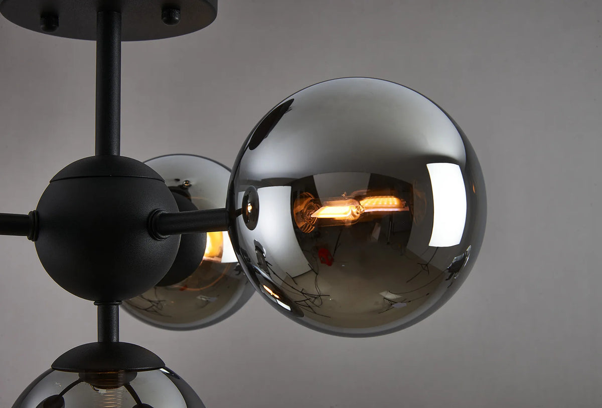 Fabula Deacon Semi-Flush Multi 4 Arm Ceiling Light - Satin Black & Chrome Plated Glass